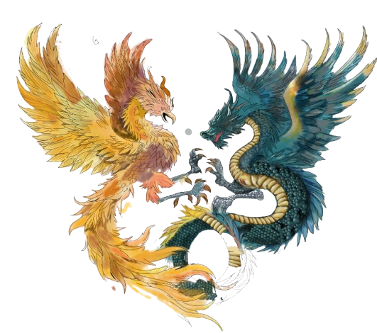 drawing of phoenix and dragon watercolour style